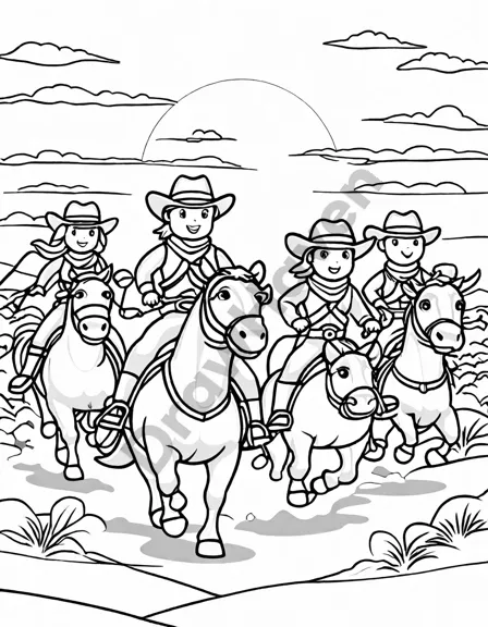 coloring book page of cowboys and cowgirls on horseback chasing cattle across the prairie in black and white