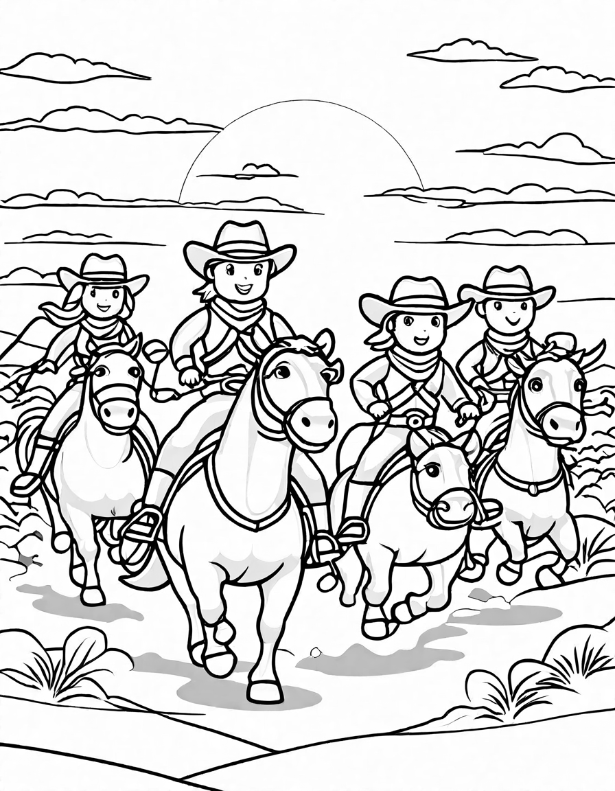 coloring book page of cowboys and cowgirls on horseback chasing cattle across the prairie in black and white