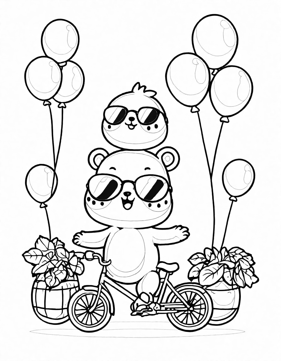 coloring book cover featuring whimsical melons with sunglasses, bicycles, and balloons in black and white