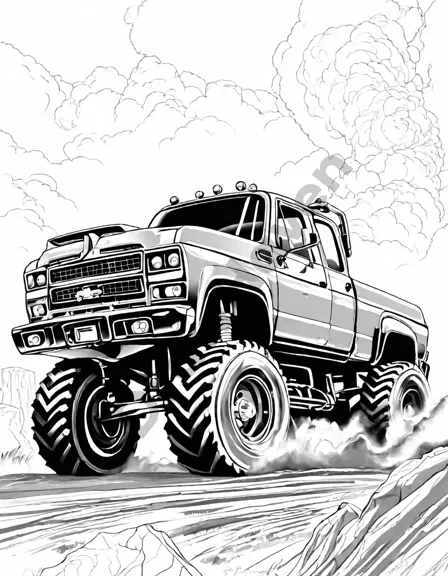coloring book page of giant trucks at the start line with detailed custom paint jobs in black and white