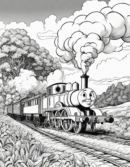 Coloring book image of henry the green engine valiantly pulls a colossal coal train on the island of sodor in black and white