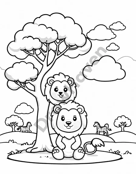 coloring page of a majestic lion under an acacia tree in a savanna setting with zebras and wildebeests in black and white