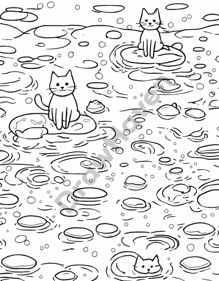 tranquil coloring page with intricate water motifs for stress relief, featuring soothing waves and ripples like on a serene lake in black and white