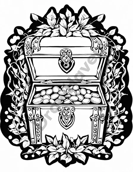 coloring book page of a buried treasure chest filled with gold coins and jewels in black and white