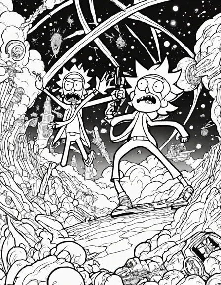 intricate coloring book page featuring rick and morty's daring escape from the council of ricks in black and white