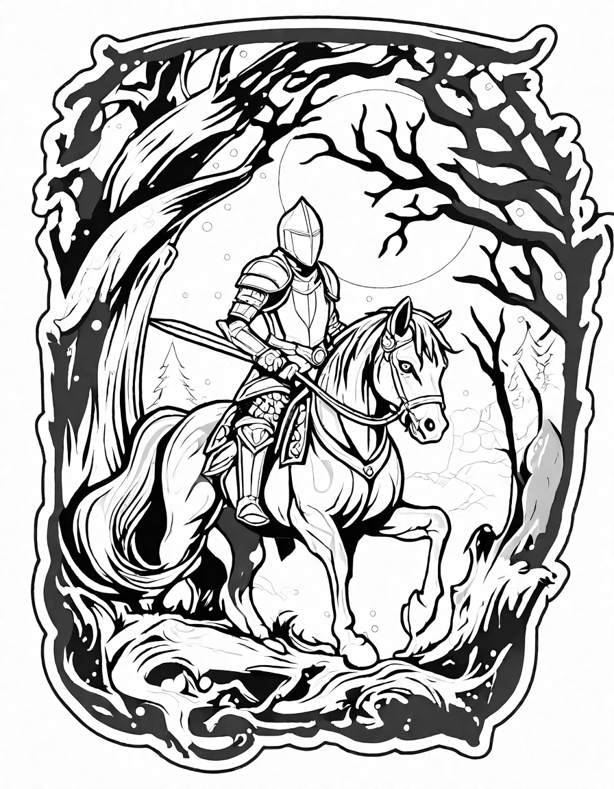 Coloring book image of knight in silver armor leading his horse in a moonlit forest, escaping a dragon in black and white