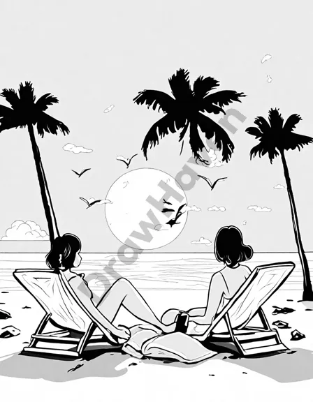 coloring book page of a beach vacation scene at sunset with sunbathers and palm trees in black and white