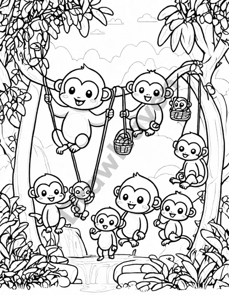 Coloring book image of playful monkeys swing from vines in their zoo enclosure, captivating visitors and reaching for treats in black and white