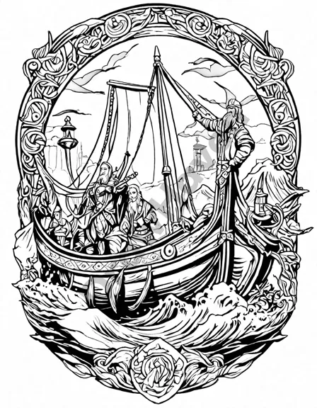 coloring book page of vikings trading with emissaries by the shore, with ornate ships and diverse goods in black and white