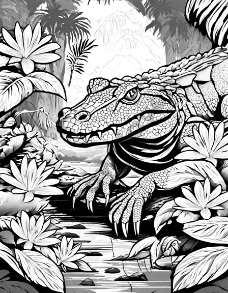coloring page of caimans in a rainforest with trees, flowers, and hidden animals waiting to be colored in black and white