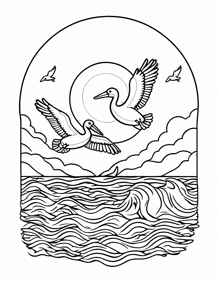feast of the pelicans' coloring page featuring pelicans diving for fish at sunset in black and white