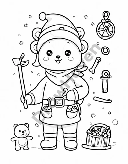 Coloring book image of magical elves making toys at north pole workshop with floating tools and christmas magic in black and white