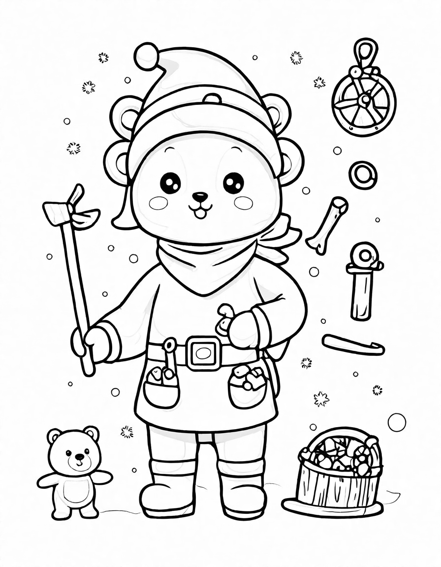Coloring book image of magical elves making toys at north pole workshop with floating tools and christmas magic in black and white