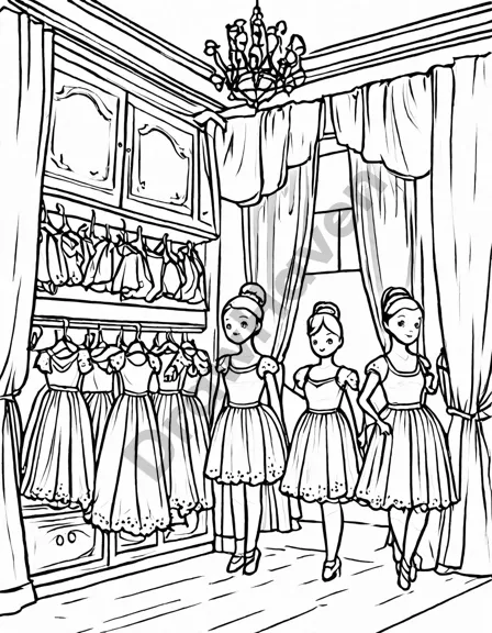 the ballet costume wardrobe coloring page featuring an array of ballet costumes in black and white