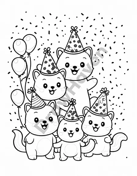 coloring page of a happy birthday party with whimsical party hats and confetti in black and white