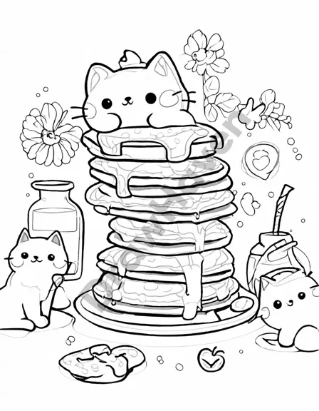 fluffy golden-brown pancakes dripping in syrup coloring page for all ages in black and white