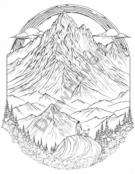 Coloring book image of dawn's warm glow reveals majestic mountain peaks emerging from ethereal mist, casting dramatic shadows and inspiring awe in black and white