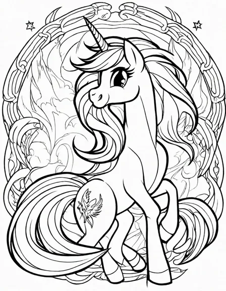 nightmare moon emerges from shadows in my little pony coloring book page, surrounded by swirling clouds of darkness in black and white