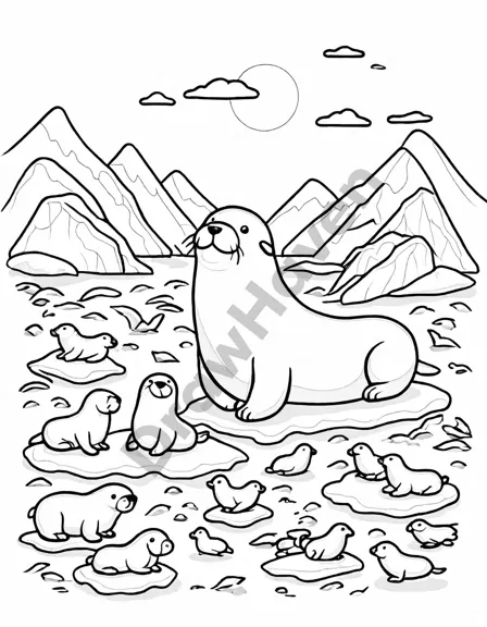 enchanting coloring page of a majestic walrus herd swimming peacefully through icy arctic waters in black and white