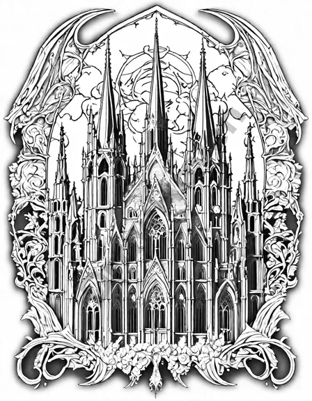 intricate gothic spires in a coloring book, adorned with gargoyles and intricate stonework in black and white