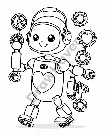 coloring page of a robot factory with intricate robots and gadgets awaiting colorful imagination in black and white