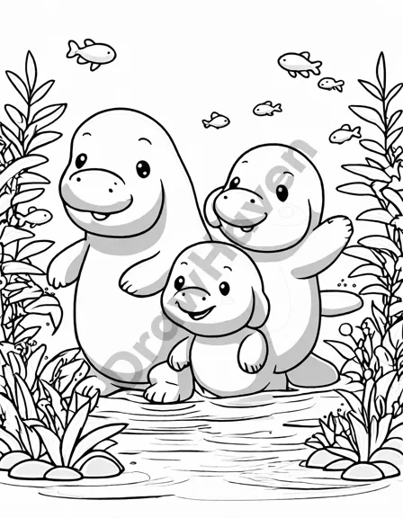 coloring page of manatees gliding through a rainforest river, surrounded by aquatic plants in black and white