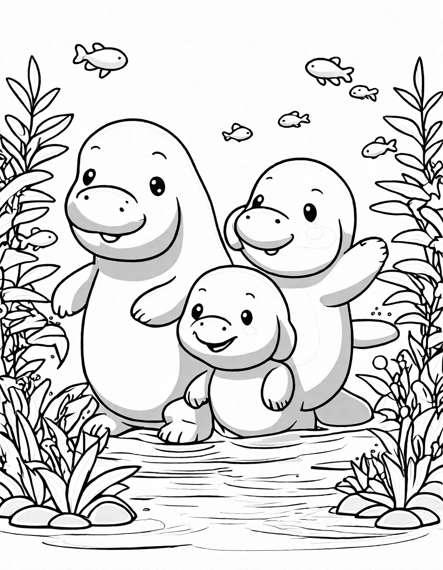 coloring page of manatees gliding through a rainforest river, surrounded by aquatic plants in black and white