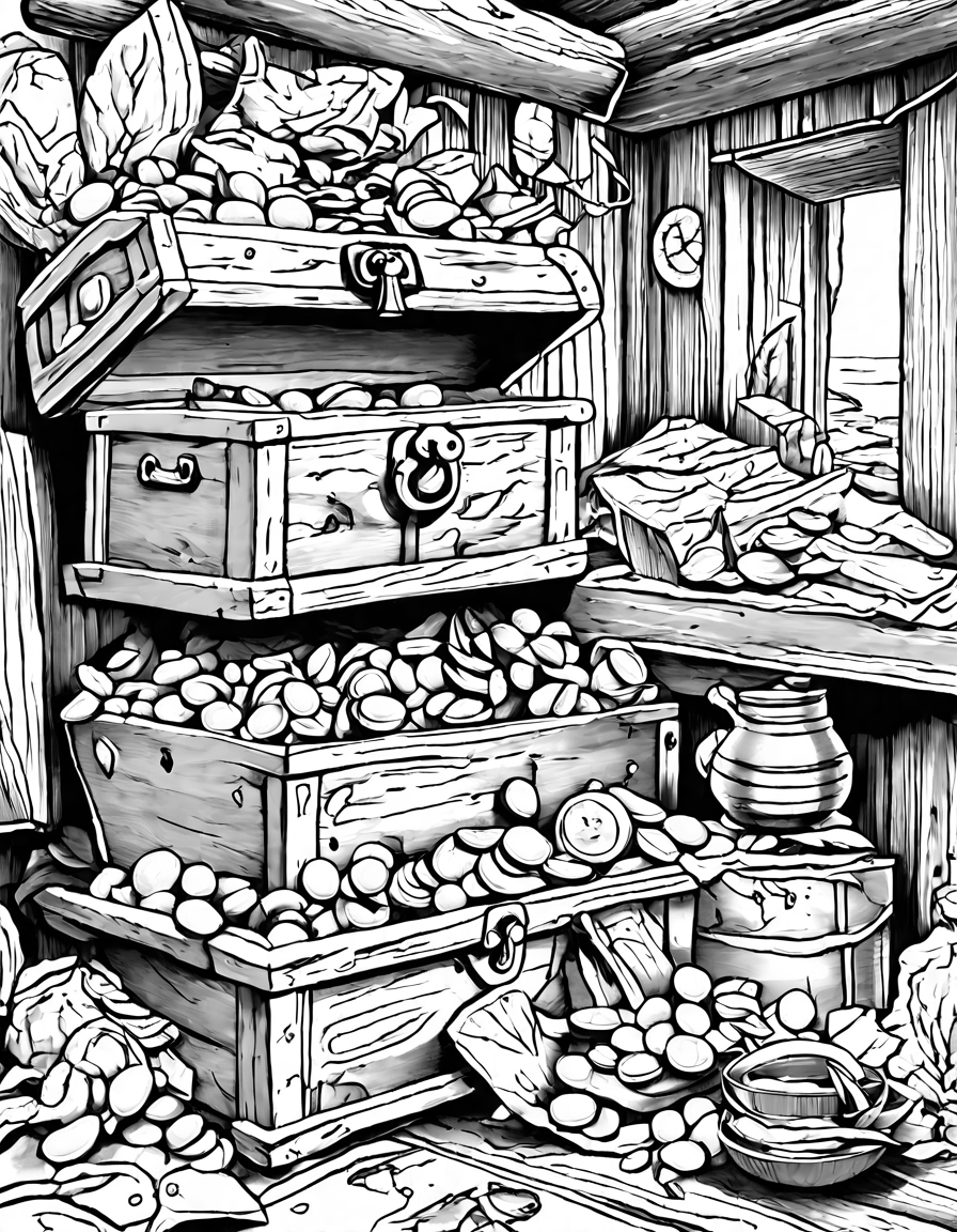 pirate captain's secret chest coloring page with gold, jewels, and ancient artifacts in black and white