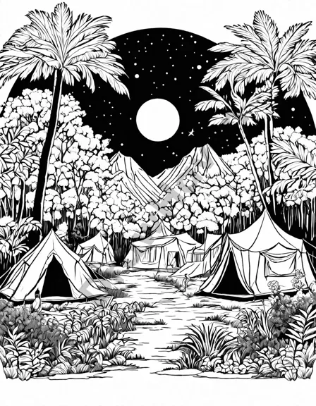 coloring book image of a serene jungle safari camp under a starry night sky in black and white