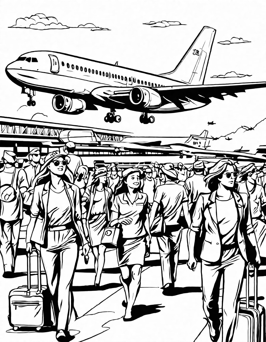 coloring page of a bustling airport scene with diverse airplanes and activity.
 in black and white