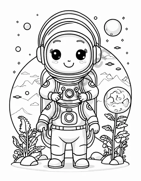 coloring page of astronaut with alien guides on a mysterious planet with unique flora and moons in black and white