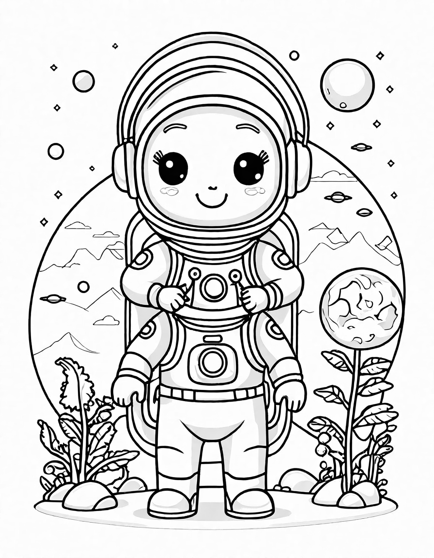 coloring page of astronaut with alien guides on a mysterious planet with unique flora and moons in black and white
