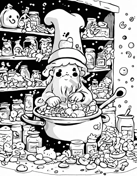 mischievous poltergeists around a cauldron in a whimsical kitchen, perfect for coloring enthusiasts in black and white