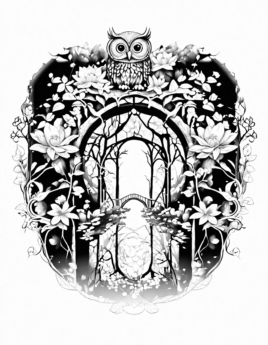 coloring book illustration of an ancient bridge in an enchanted forest with mystical creatures and vibrant flowers in black and white