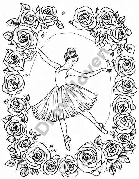 ballet legends coloring page featuring anna pavlova and rudolf nureyev with roses and musical notes in black and white