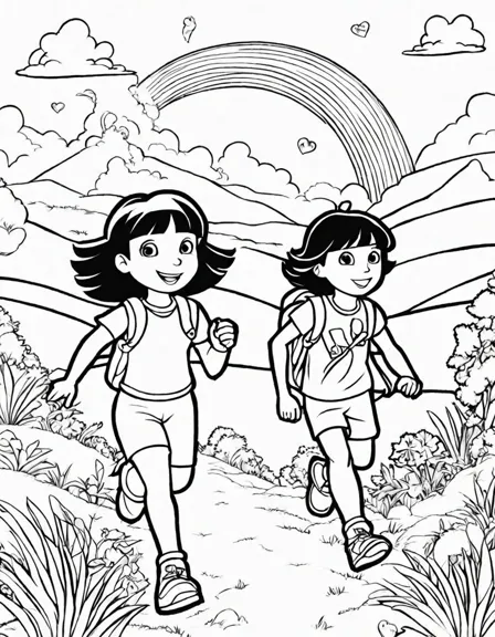 dora and boots embark on a vibrant coloring adventure through a colorful landscape with rainbows and hearts in black and white