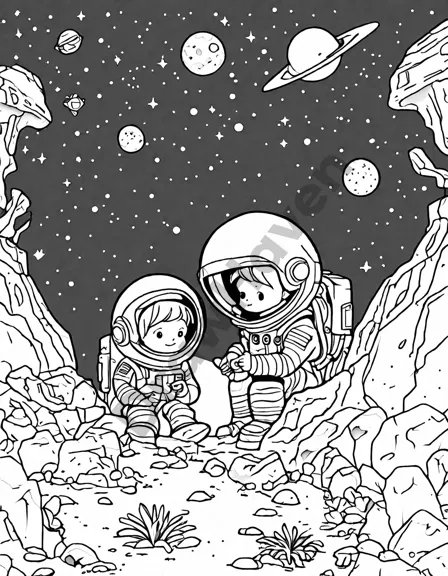 coloring book page of astronauts exploring a surreal alien planet with vibrant flora and a spacecraft in black and white