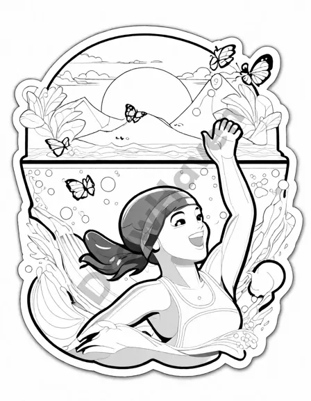 coloring book page of swimmers racing, featuring various stroke styles and a cheering crowd in black and white