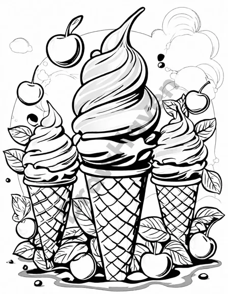 Coloring book image of gigantic mint green ice cream cone with chocolate chips and cherry topping in a bustling ice cream shop in black and white