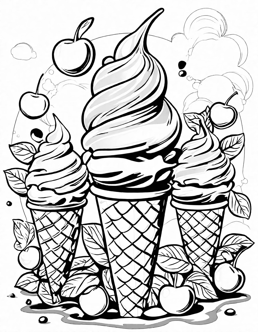 Coloring book image of gigantic mint green ice cream cone with chocolate chips and cherry topping in a bustling ice cream shop in black and white