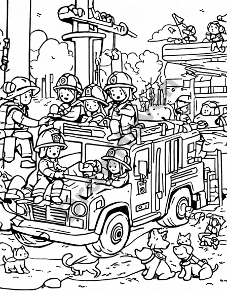 coloring book page of firefighters at a station, checking equipment, sliding down pole, and planning drills in black and white