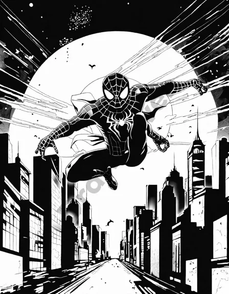 Coloring book image of spiderman stands tall on a skyscraper, protecting the city from above in black and white