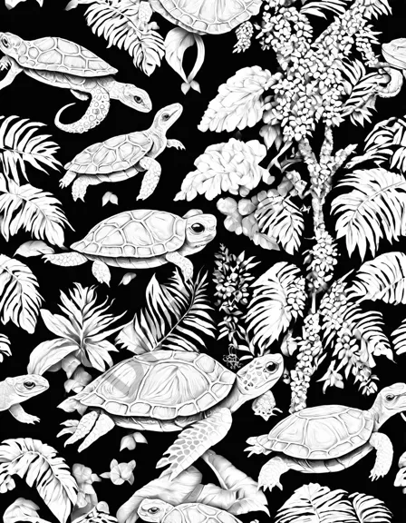 Coloring book image of reptile hide-and-seek game in a pet shop enclosure filled with scaly lizards, shy turtles, and sleek snakes concealed within rocks, logs, and foliage in black and white