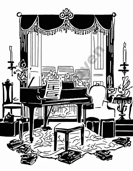 coloring page of a grand piano onstage with ornate details, in an empty concert hall in black and white