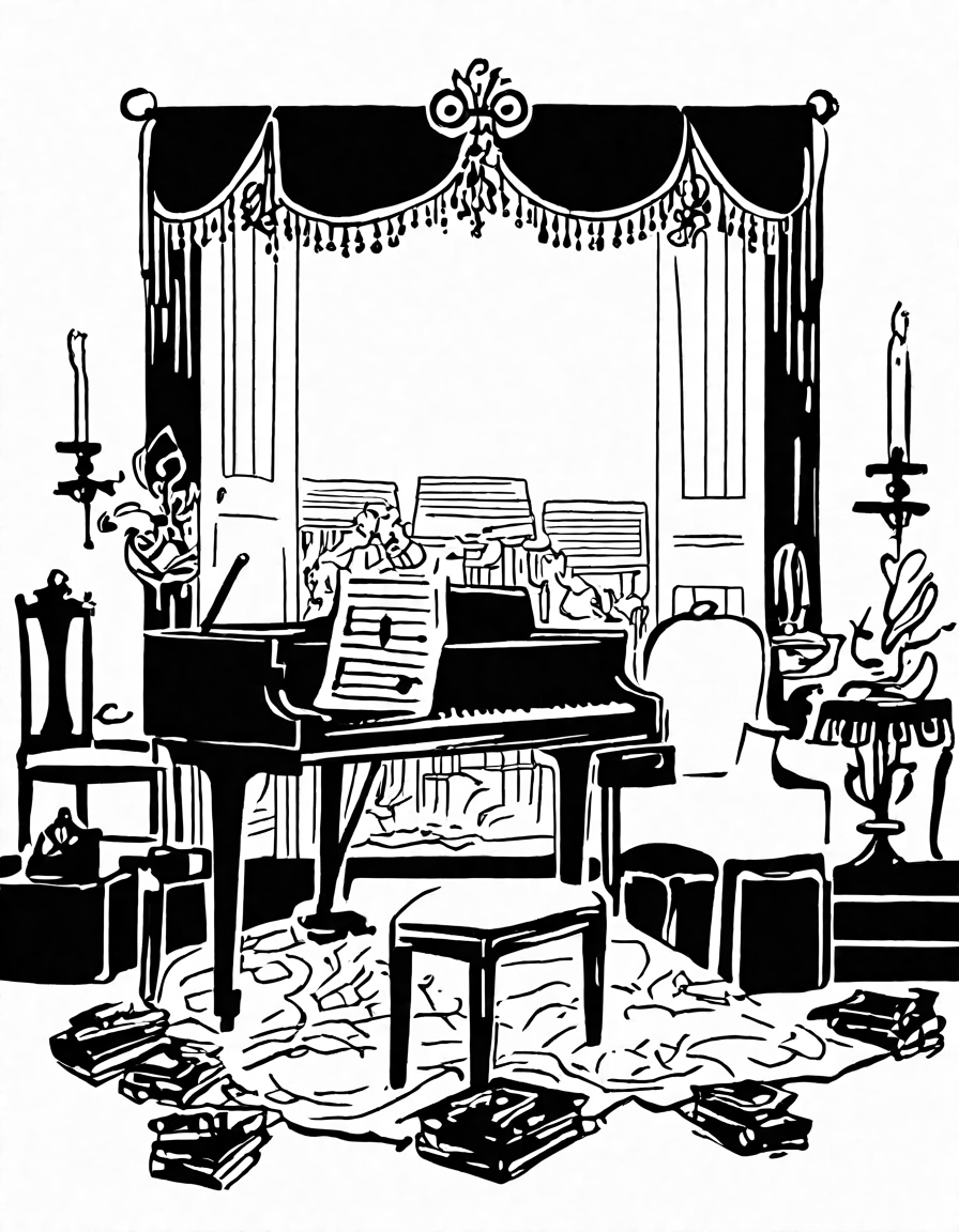 coloring page of a grand piano onstage with ornate details, in an empty concert hall in black and white