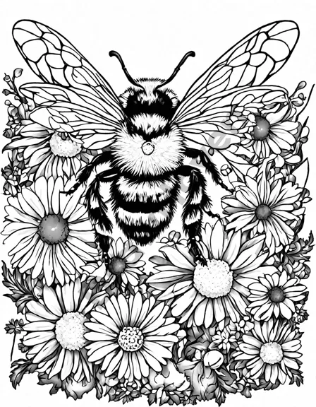 coloring book page featuring bees pollinating a variety of flowers, ideal for coloring enthusiasts in black and white