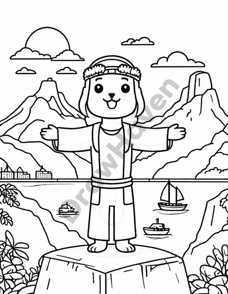 coloring page featuring christ the redeemer statue in rio de janeiro with scenic background in black and white