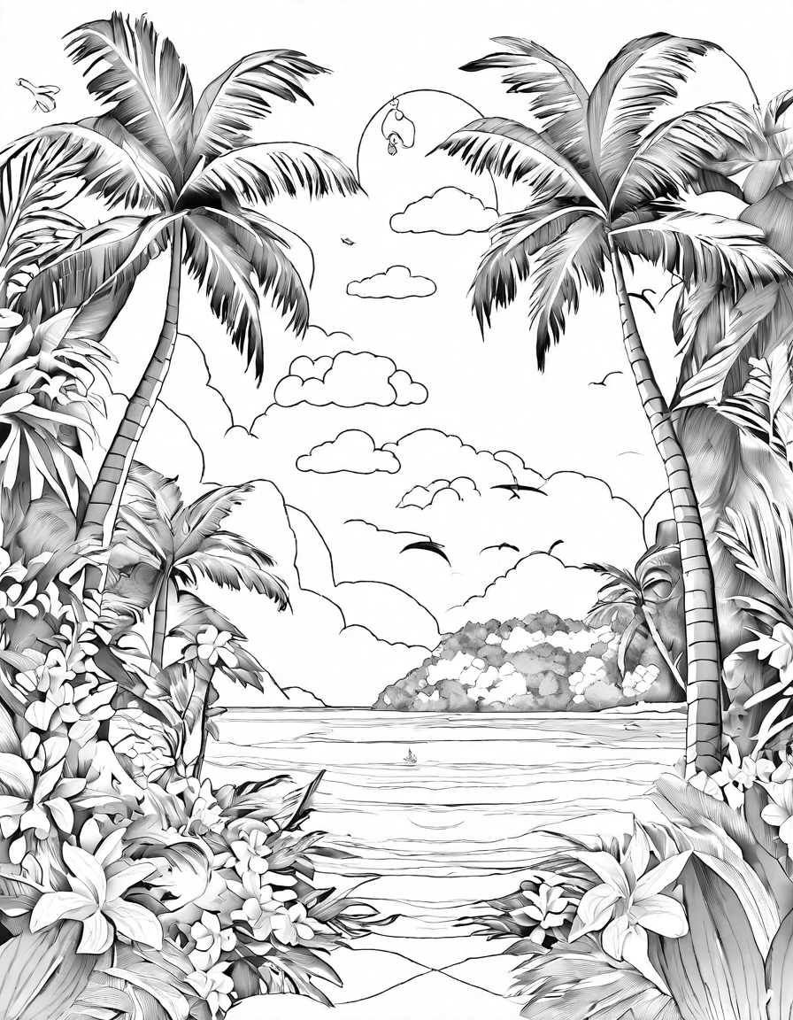 coloring book page featuring a tropical paradise coconut grove with a hammock, dolphins, and azure ocean in black and white