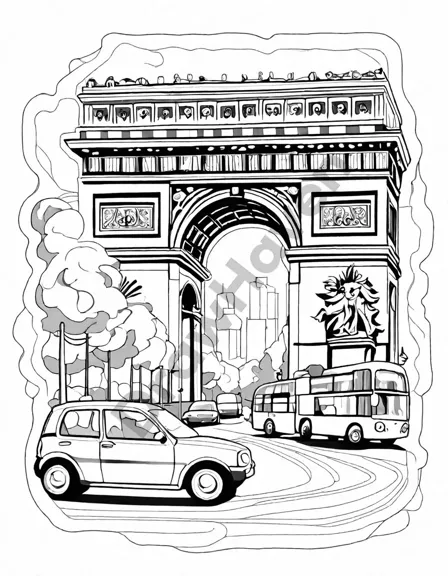 coloring page of arc de triomphe with busy streets and tourists in paris in black and white