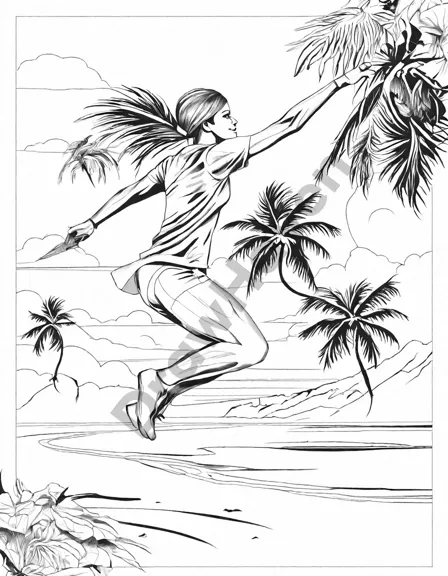 Coloring book image of tropical beach volleyball game with players leaping and diving on white sands under a colorful sunset sky in black and white